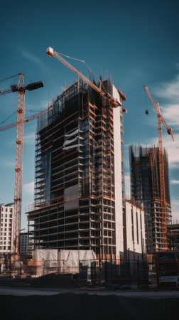A building under construction with a lot of cranes. AI generative image.の素材