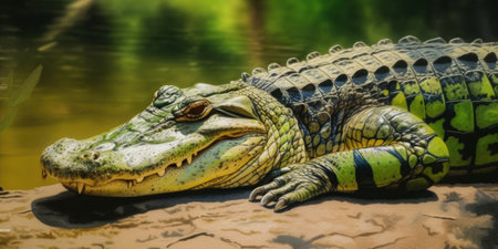 A large alligator laying on top of a rock. AI generative image.の素材