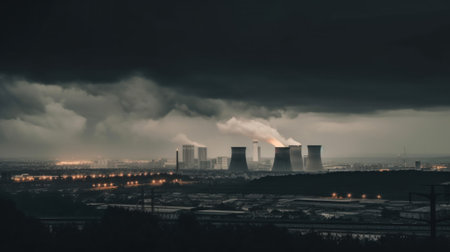 A black and white photo of a factory with smoke coming out of it. AI generative image.の素材