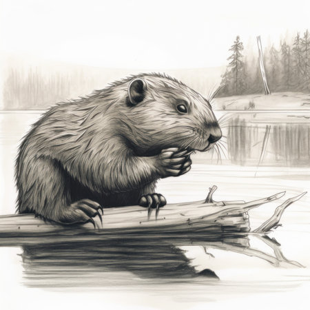 A drawing of a beaver sitting on a log. AI generative image.の素材