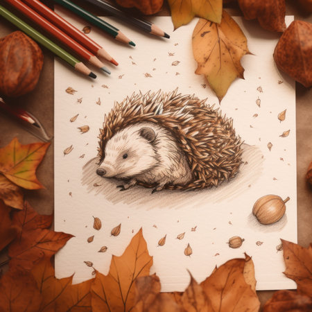 A drawing of a hedge surrounded by autumn leaves. AI generative image.の素材