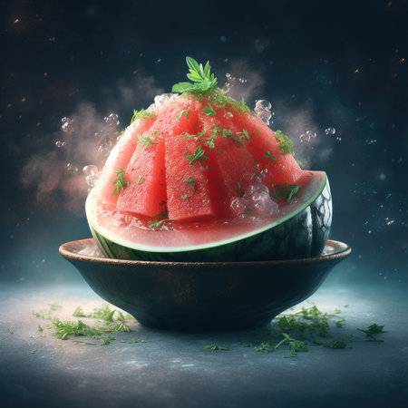 A refreshing watermelon sorbet served on slice of fresh watermelon. AI generative image.の素材