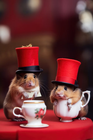 A couple of British hamsters fearing top hats and drinking a tea. AI generative image.の素材