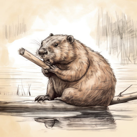 A drawing of a beaver sitting on a log. AI generative image.の素材