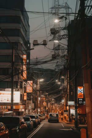 A city street filled with lots of traffic. AI generative image.の素材