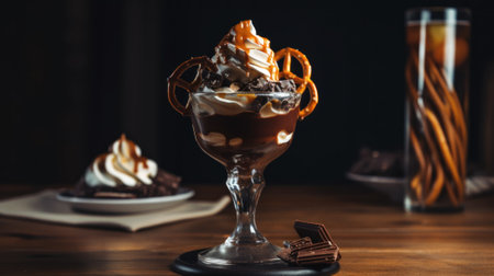 A decadent ice cream chocolate sundae with a cake. AI generative image.の素材