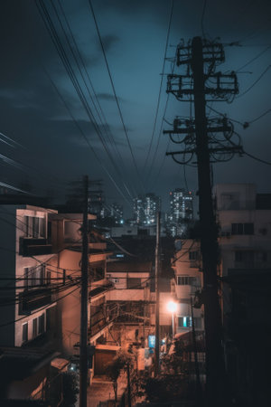 A view of a city at night with power lines in the foreground. AI generative image.の素材
