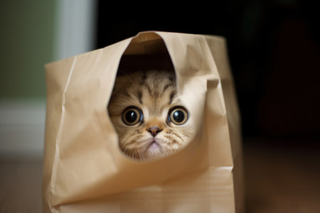 A small kitten peeking out of a brown paper bag. AI generative image.の素材