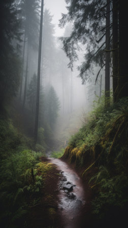 A small stream running through a lush green forest. AI generative image.の素材