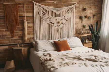 A bedroom with a brick wall and a white bed. AI generative image.の素材