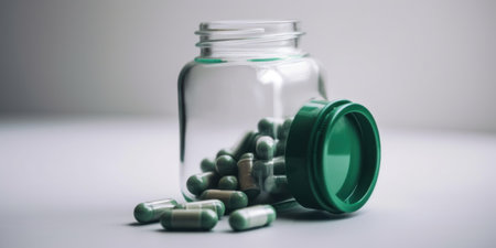 A glass jar filled with green vitamin pills on top of a table. AI generative image.の素材