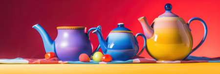 A group of colorful teapots sitting next to each other. AI generative image.の素材