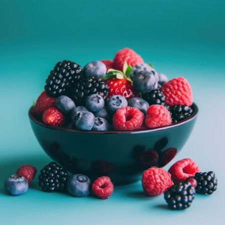 A bowl of berries and raspberries on a blue background. AI generative image.の素材
