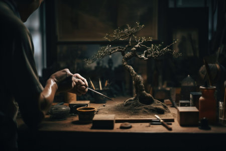 A man is working on a bonsai tree. AI generative image.の素材