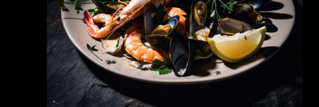 A plate of food with shrimp, musselling, and lemon wedge. AI generative image.の素材