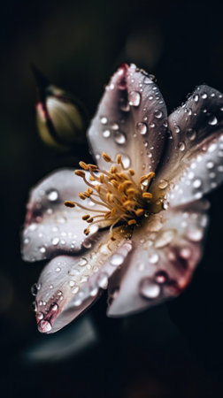 A close up of a flower with water droplets on it. AI generative image.の素材
