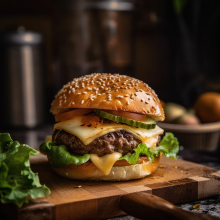 A cheeseburger on a cutting board with lettuce and cheese. AI generative image.の素材