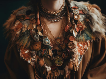 A close up of a woman wearing a necklace with feathers. AI generative image.の素材