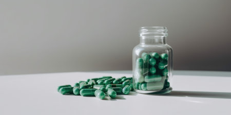 A glass jar filled with green pills on top of a table. AI generative image.の素材