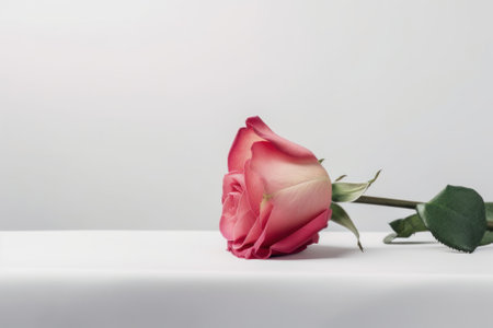 A single pink rose sitting on a white surface. AI generative image.の素材