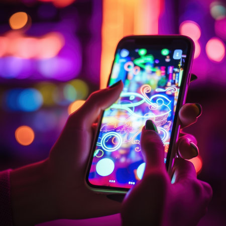A person holding a cell phone in their hand. AI generative image.の素材