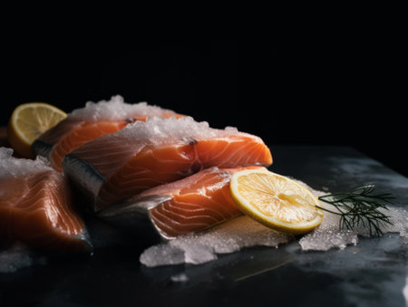 A bunch of fish sitting on top of a pile of ice. AI generative image.の素材