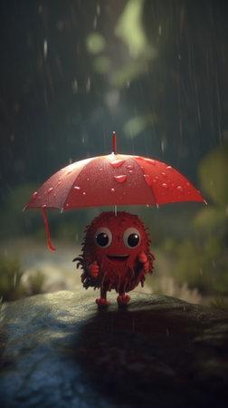 A tiny cute unknown creature holding an umbrella in the rain. AI generative image.の素材