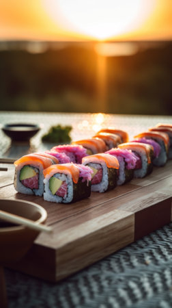 A wooden board topped with sushi on top of a table. AI generative image.の素材