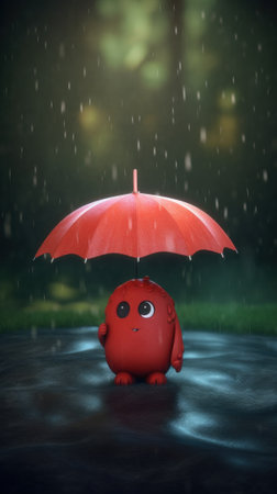 A tiny cute unknown creature holding an umbrella in the rain. AI generative image.の素材