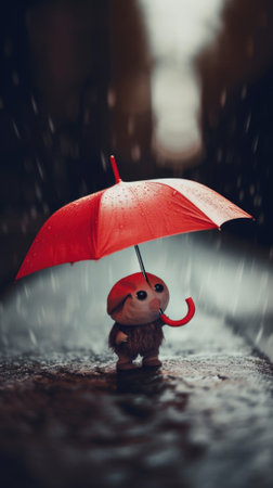 A tiny cute unknown creature holding an umbrella in the rain. AI generative image.の素材
