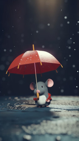 A tiny cute unknown creature holding an umbrella in the rain. AI generative image.の素材