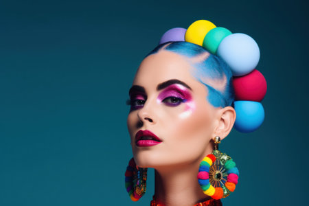 A woman with colorful hair and bright makeup. AI generative image.の素材