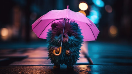 A small furry animal holding a pink umbrella. AI generative image.の素材
