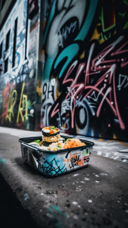 A container of food sitting on the side of a street. AI generative image.の素材