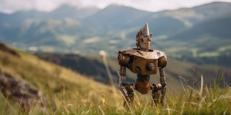 A toy robot standing on top of a lush green hillside. AI generative image.の素材