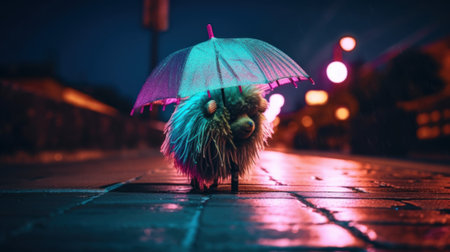 A small fluffy creature sitting under a pink umbrella. AI generative image.の素材