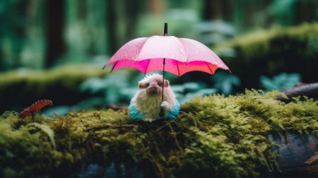 A small fluffy creature sitting under a pink umbrella. AI generative image.の素材