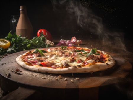 A pizza sitting on top of a wooden cutting board. AI generative image.の素材