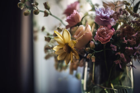 A vase filled with lots of different colored flowers. AI generative image.の素材