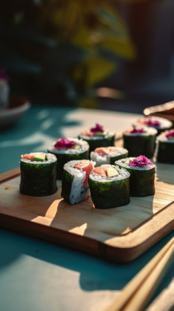 A wooden cutting board topped with sushi and chopsticks. AI generative image.の素材