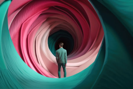 A man standing inside of a colorful tunnel. AI generative image.の素材