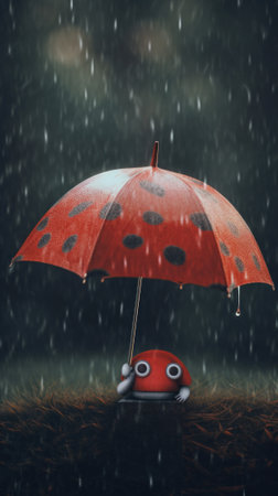 A tiny cute unknown creature holding an umbrella in the rain. AI generative image.の素材