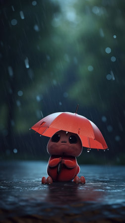 A tiny cute unknown creature holding an umbrella in the rain. AI generative image.の素材