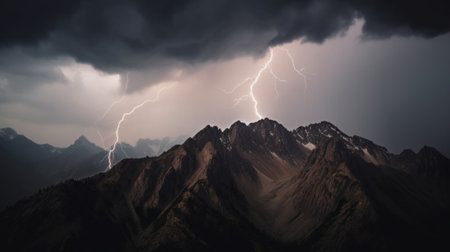A mountain with a lightning bolt in the sky. AI generative image.の素材