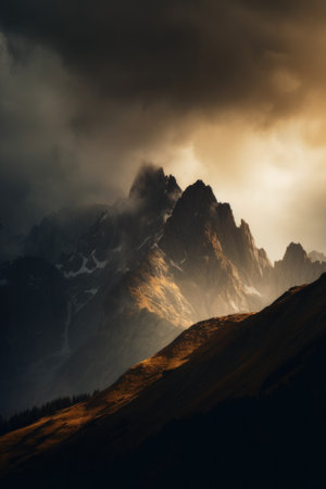 A lone horse stands in front of a mountain. AI generative image.の素材
