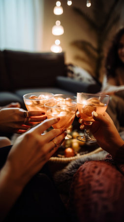 A group of people sitting on a couch holding wine glasses. AI generative image.の素材