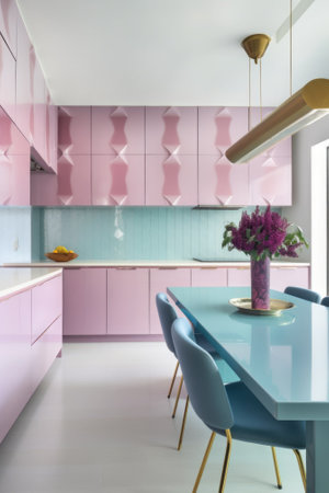A pink and blue kitchen with a table and chairs. AI generative image.の素材