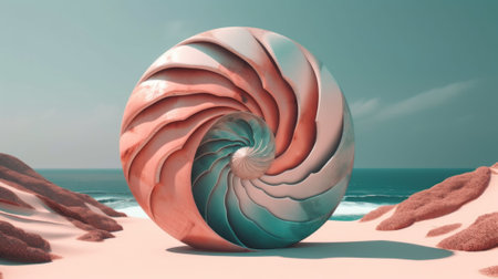 A large shell sitting on top of a sandy beach. AI generative image.の素材