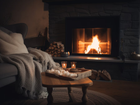 A living room with a fire place and a coffee table. AI generative image.の素材