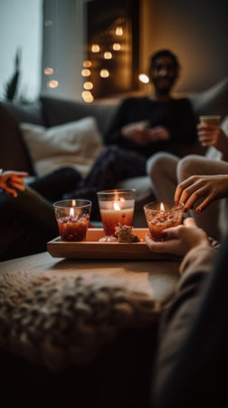 A group of people sitting around a table with candles. AI generative image.の素材